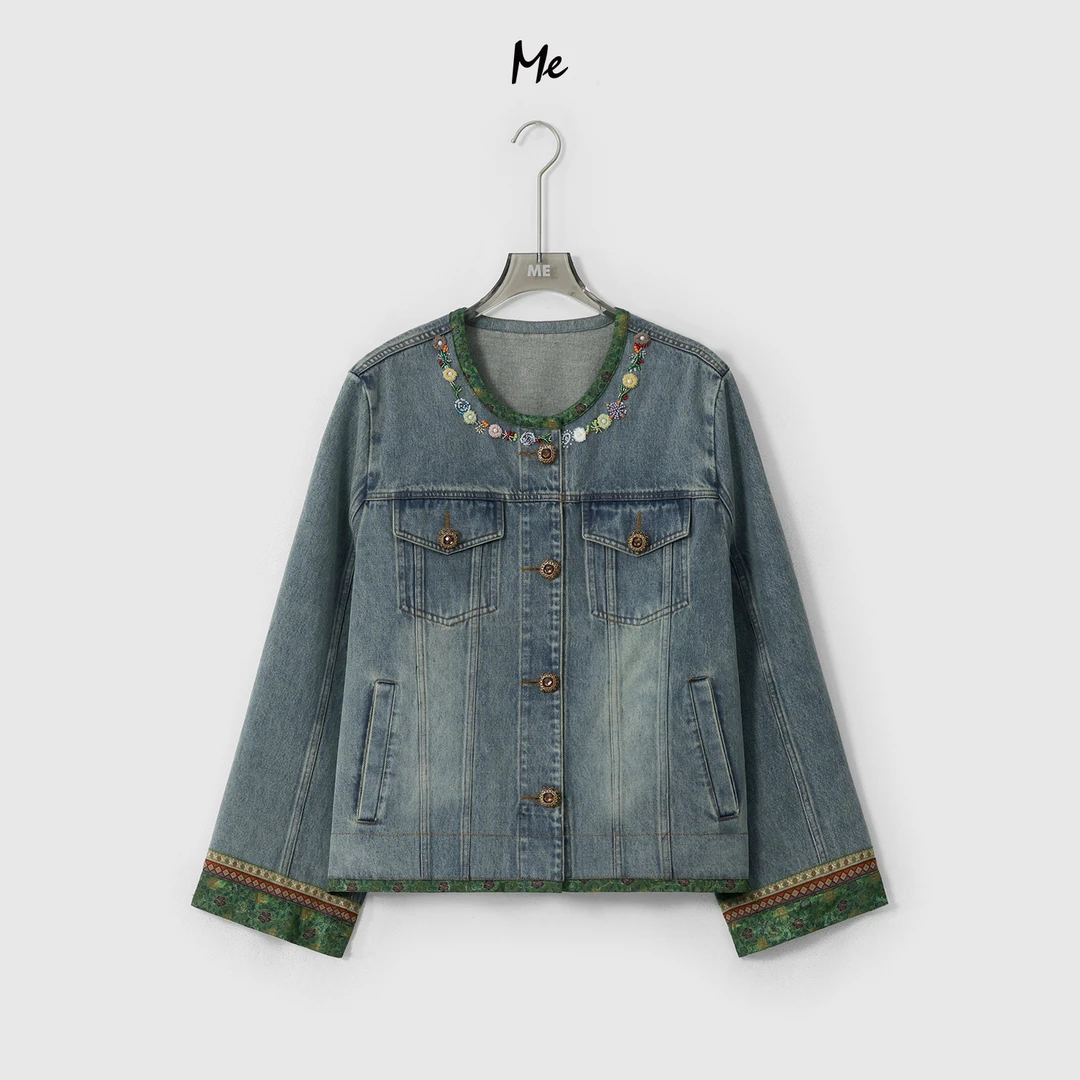 ME【香格里集市】手缝钉珠时尚百搭休闲水洗做旧牛仔外套MESA1271