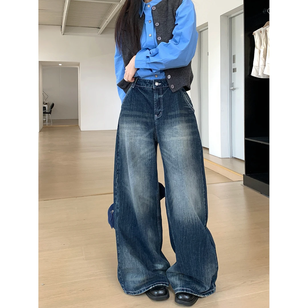 复古蓝直筒阔腿牛仔裤大码女装高腰宽松梨形身材显瘦垂感拖地裤