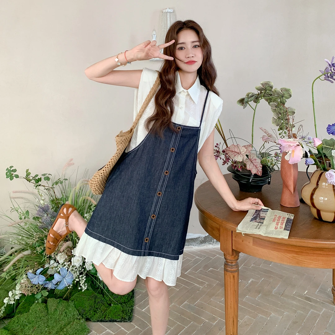 深蓝色设计感牛仔背带连衣裙女2025夏新款韩系休闲洋气时尚A字裙