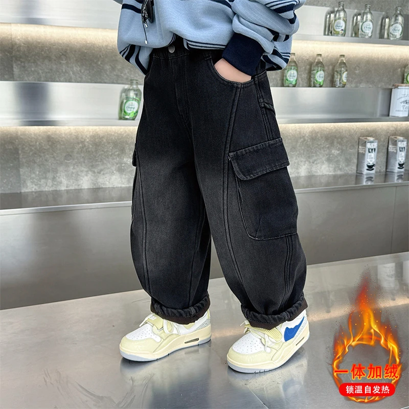 冬季男童工装加绒裤子秋冬新款儿童帅气一体绒加厚裤子透气亲肤抗
