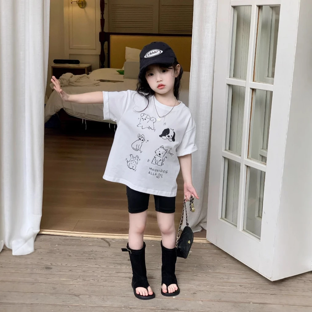 《小思家》女童2025夏季新款韩版休闲卡通印花小狗T恤五分短裤套装