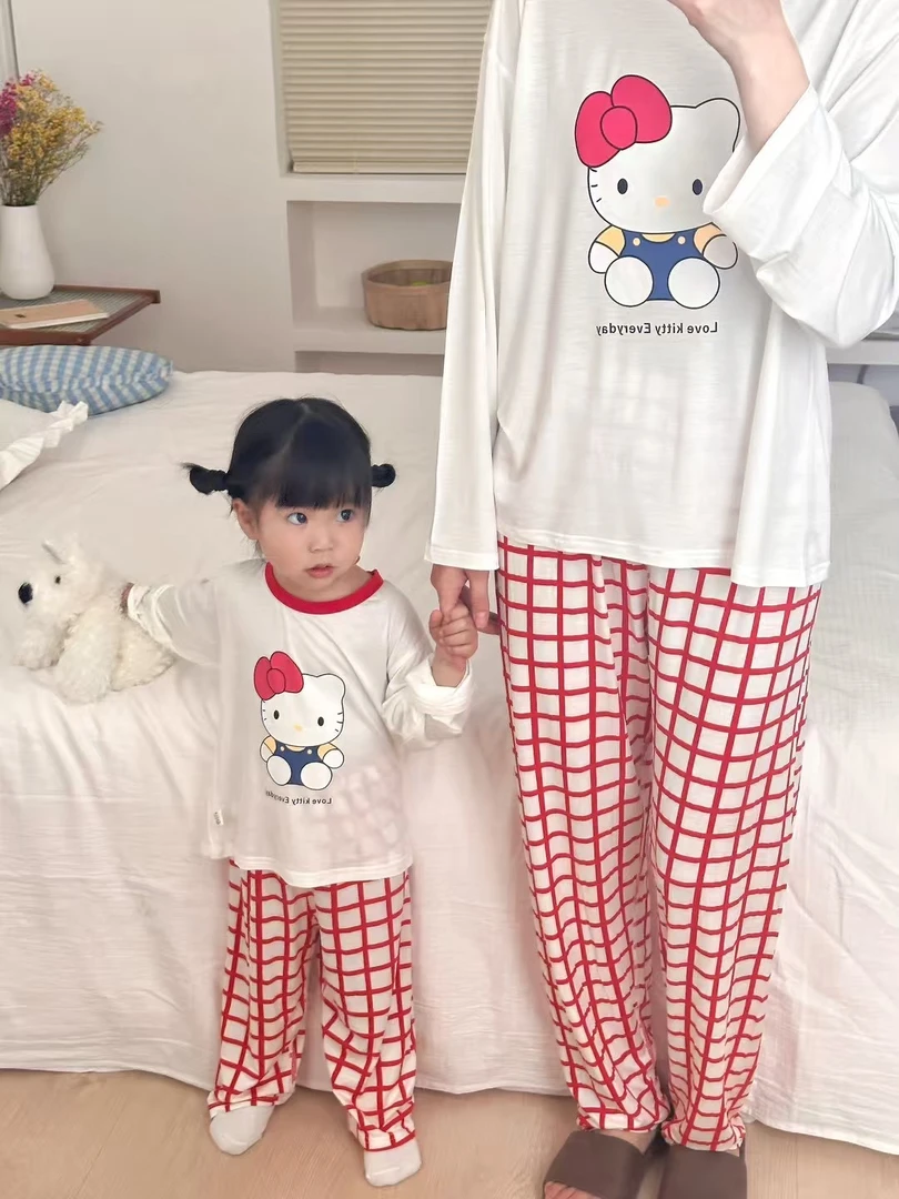 2025春夏男女童莫代尔睡衣a类亲子装 套装猫咪儿童长袖家居服