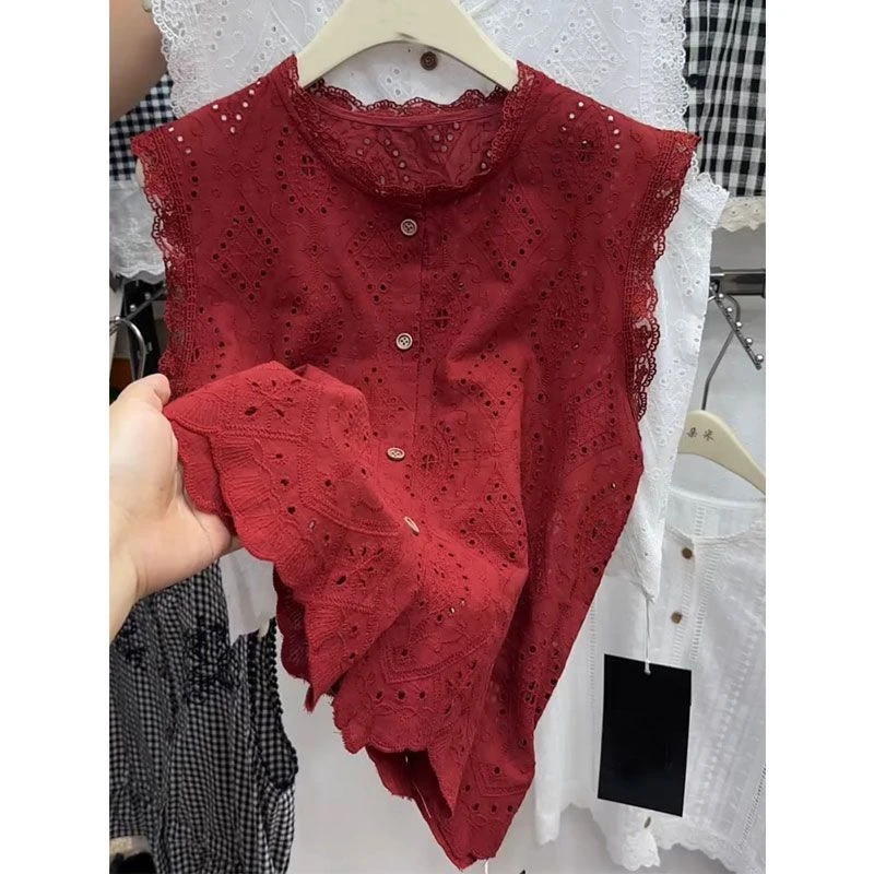 蕾丝镂空钩花无袖短款衬衫女夏季2025新款娃娃小衫圆领马甲上衣潮
