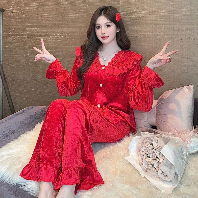本命年大红色金丝睡衣女款爆款2025新款秋冬长袖长裤家居服套装