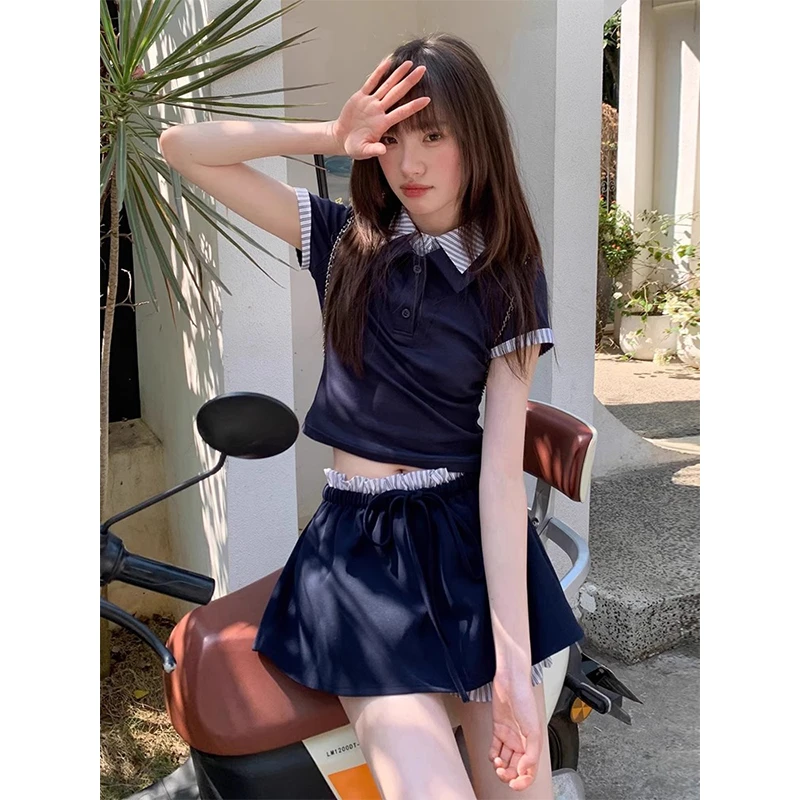 假两件拼接短袖裙裤套装女夏季polo领t恤上衣半身裙不撞衫两件套