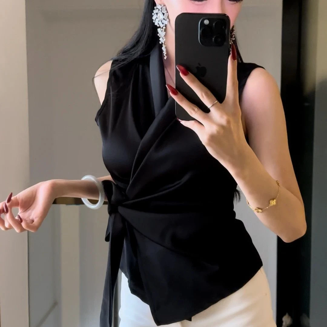 【港岛日落】法式领缎面无袖衬衫女夏季设计感气质修身衬衣显瘦