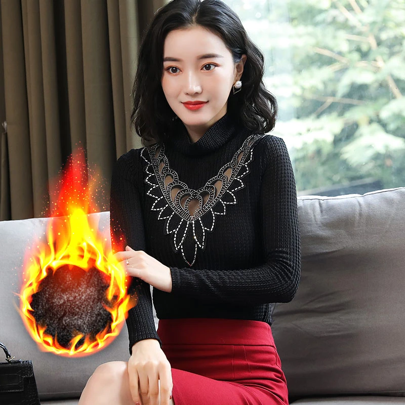 加绒半高领网纱打底衫女2025秋冬新款烫砖内搭洋气小衫蕾丝上衣