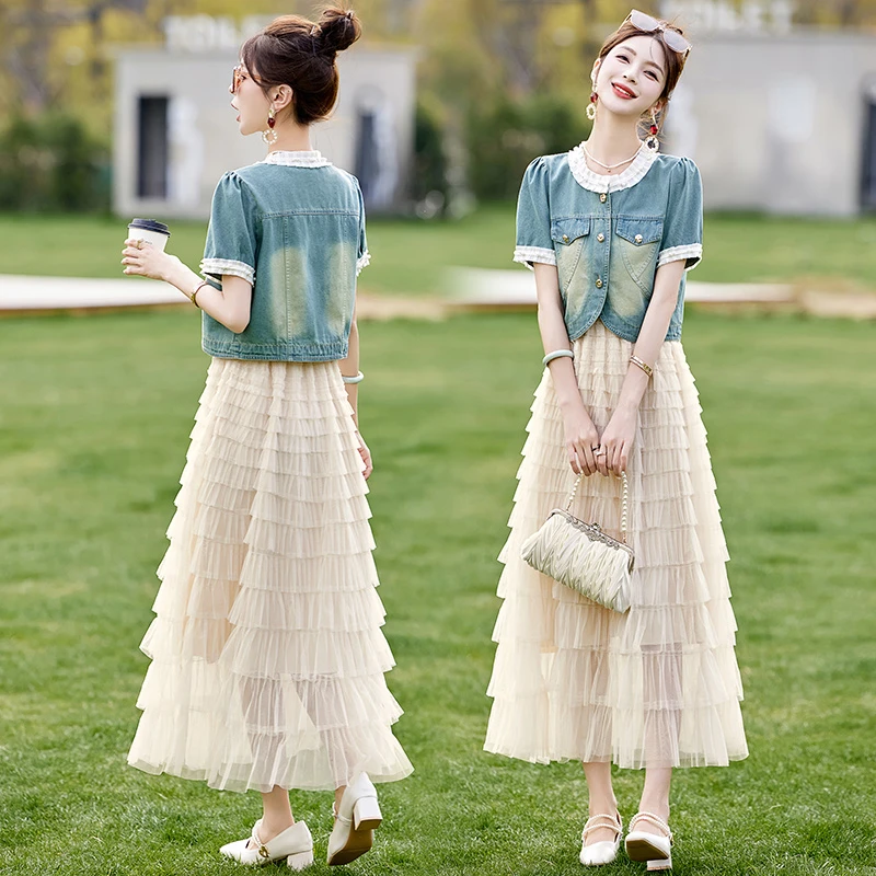 法式甜美牛仔短外套百褶蛋糕裙两件套套裙套装