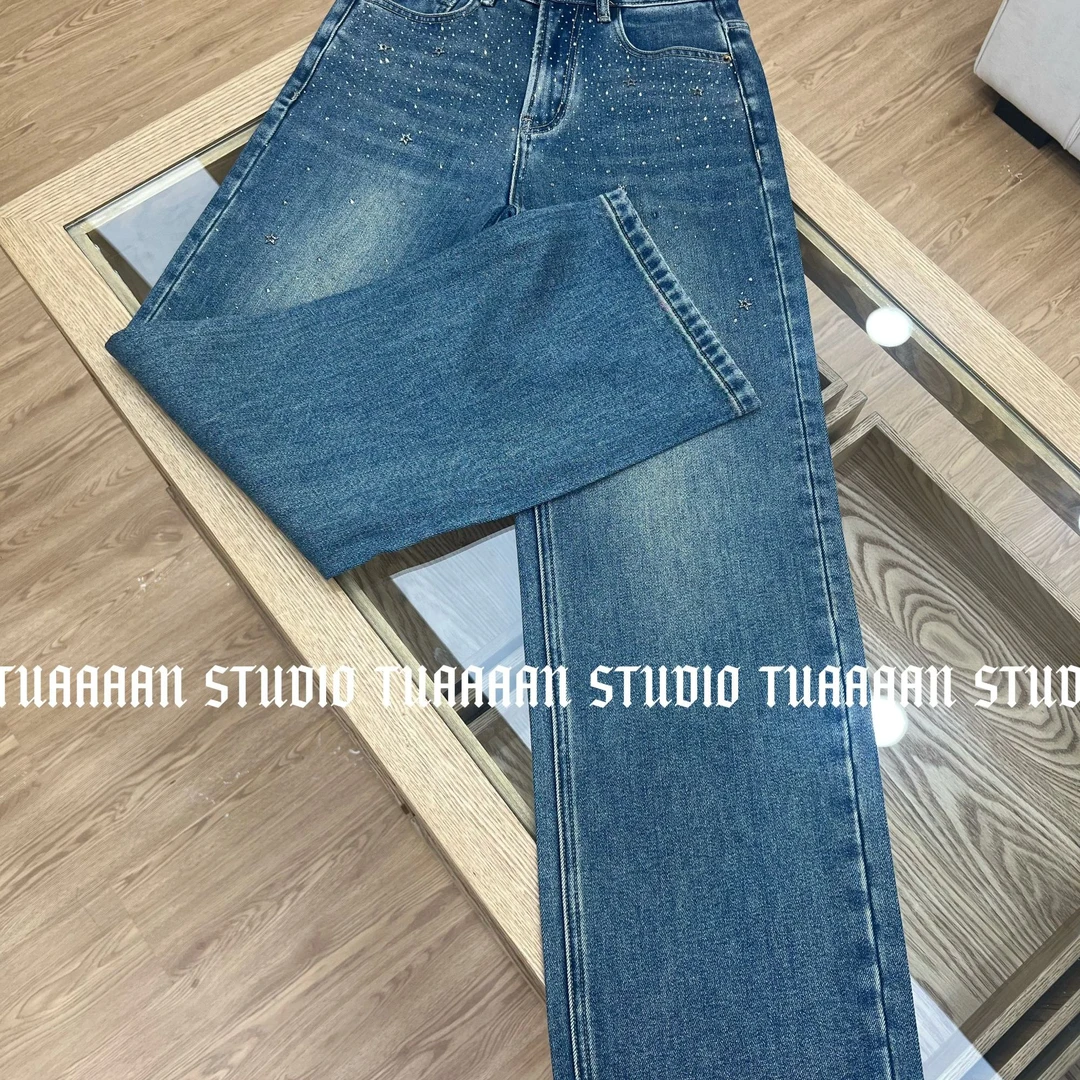 TUAAAAN“月藏星匿”经典小众烫钻水洗渐变直筒牛仔裤高腰#TT9047