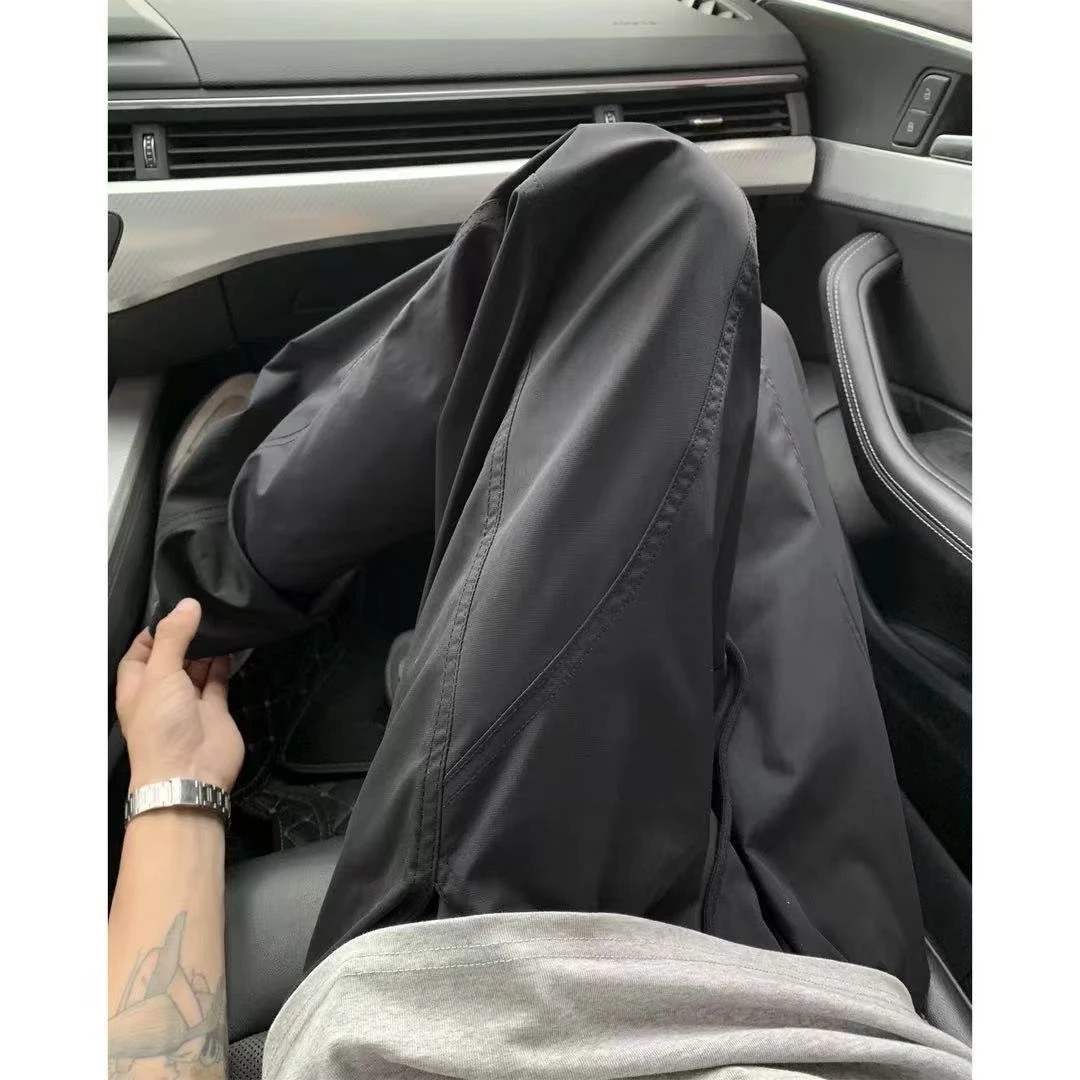 美式vibe斜切直筒裤子男夏季情侣潮流宽松纯色弯刀裤薄款透气长裤