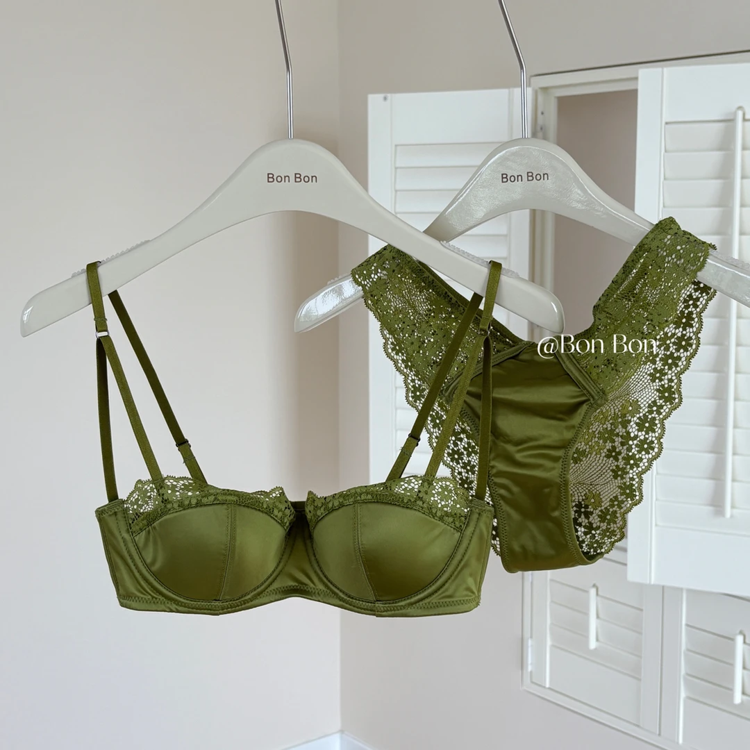 缎光迷情~法式光面半杯性感内衣女夏薄款低胸蕾丝软钢圈文胸套装