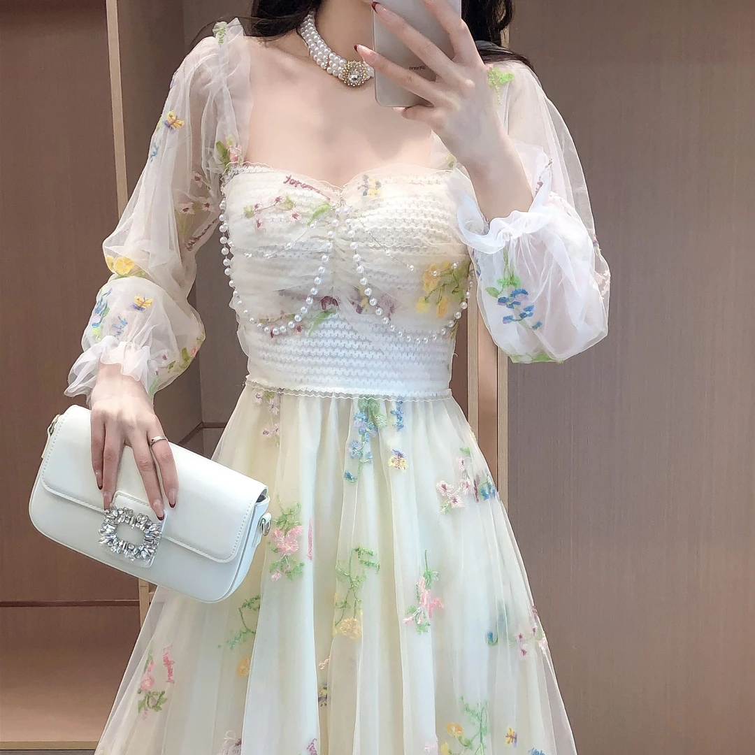 艾日秀春夏法式欧若风花朵甜美仙女温柔减龄网纱长款连衣裙E8540