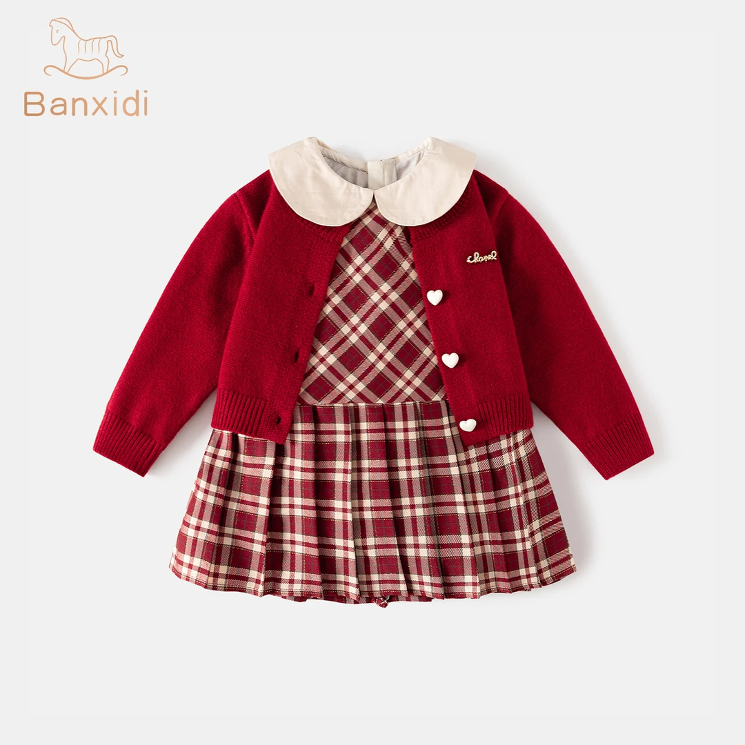 班喜迪女童连衣裙秋新款洋气儿童针织开衫公主裙宝宝周岁礼服秋季