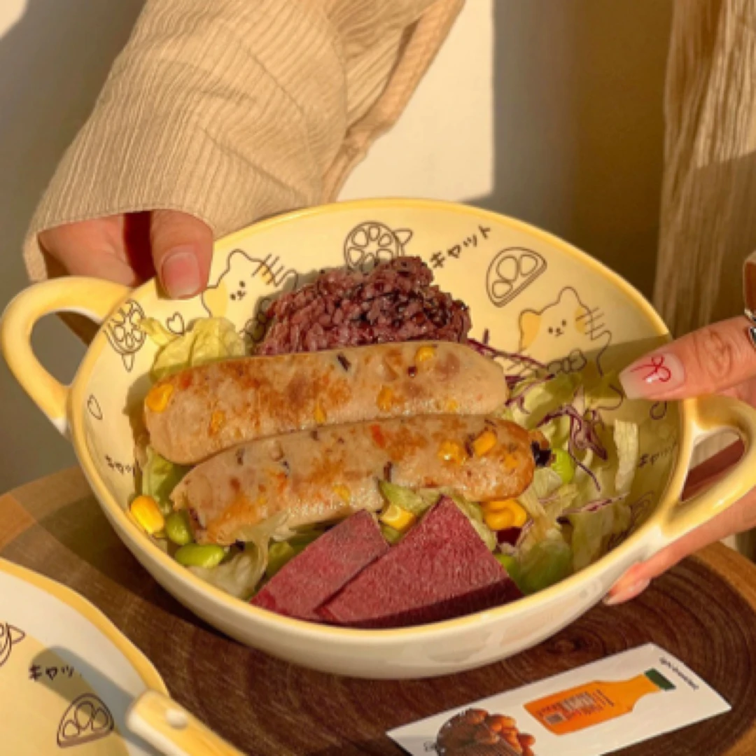 可爱陶瓷双耳碗家用釉下彩餐具新款汤碗面碗不规则水果沙拉碗