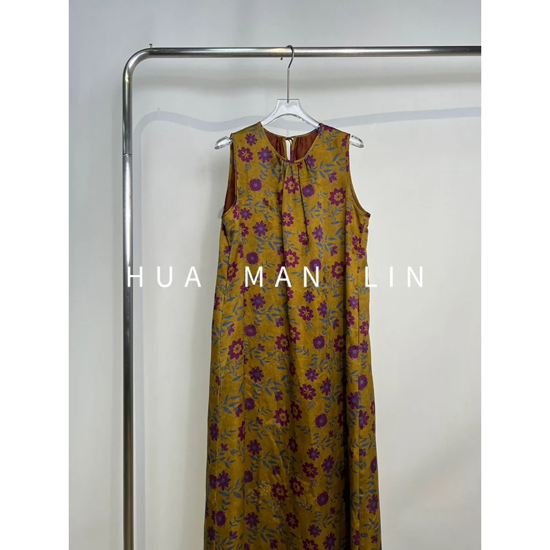 【花滿林】圆领后系带香云纱真丝桑蚕丝无袖背心连衣裙259419