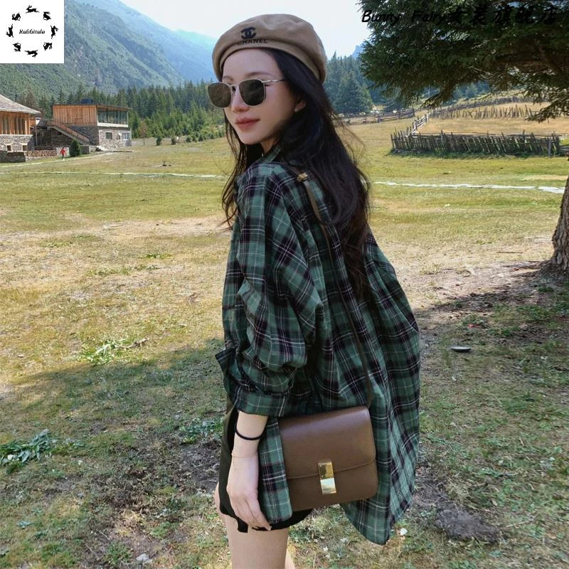 2025早春新款慵懒风宽松复古绿色格子衬衫女款长袖衬衣外套上衣潮
