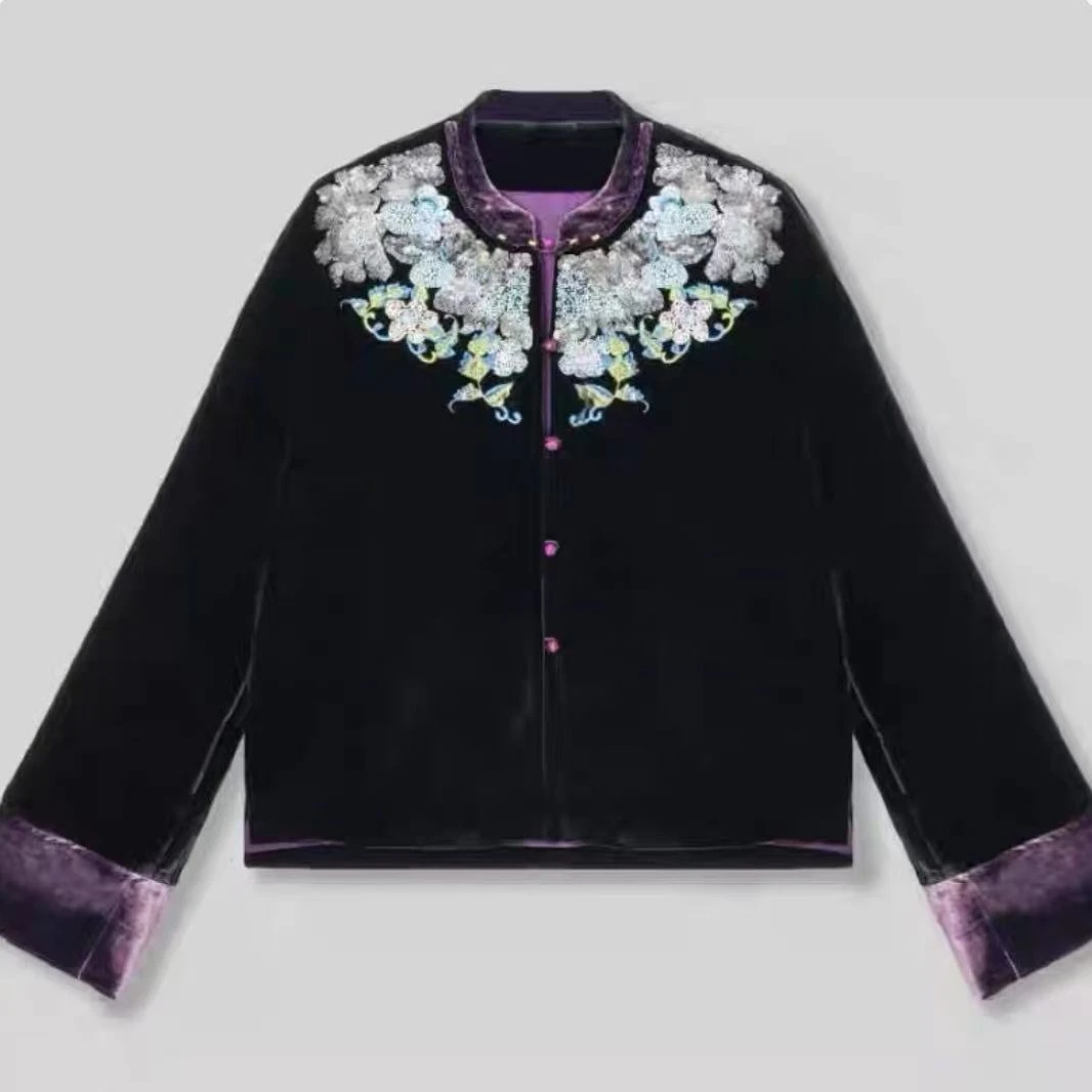 秋冬新款重工刺绣真丝丝绒中式国风气质棉服外套