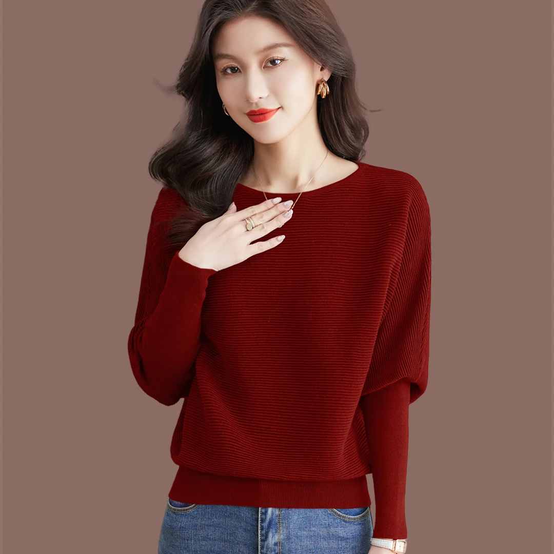 一字领蝙蝠袖毛衣女春秋2025爆款洋气宽松内搭羊毛针织打底衫上衣