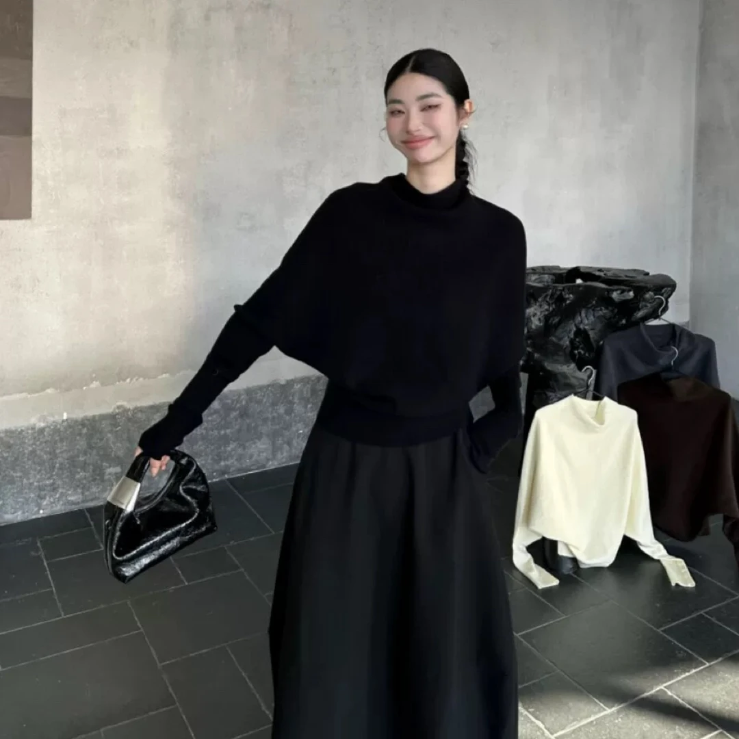 秋冬新款韩版设计感蝙蝠袖慵懒风针织上衣气质老钱风