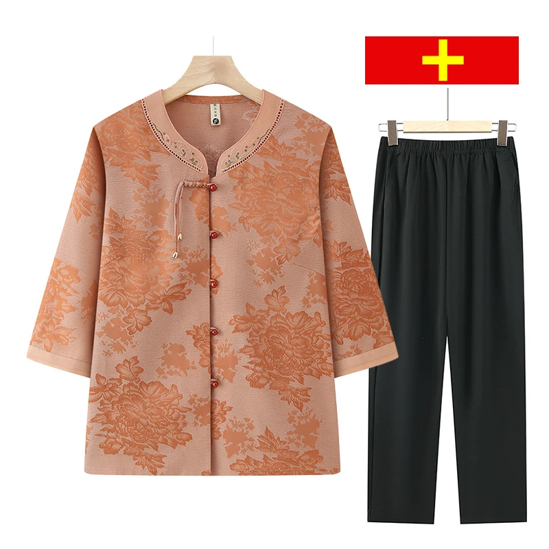 奶奶装夏装中国风衬衫中老年人衣服女洋气妈妈七分袖薄款上衣套装