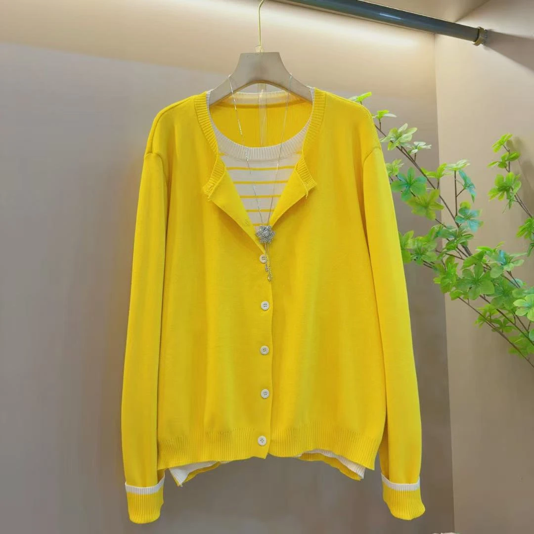 时尚新款百搭拼接撞色圆领假两件针织衫（长64左右）