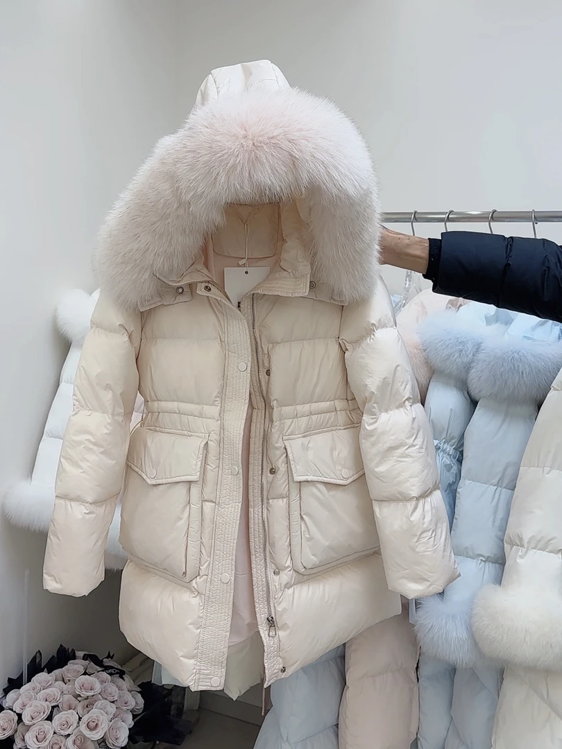 【棉花糖】中长款新款大狐狸毛领白鸭绒连帽女冬加厚保暖外女款