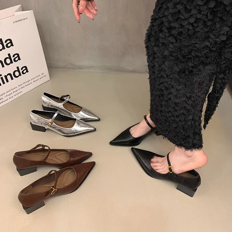 法式复古银色玛丽珍鞋粗跟女鞋高跟鞋2025春新款韩版单鞋子小皮