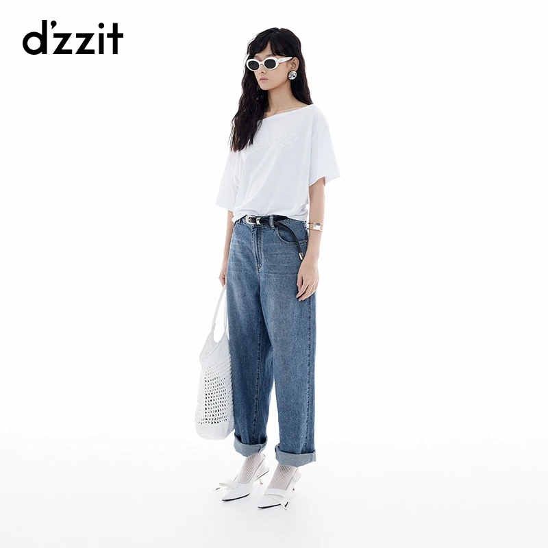 【商场同款新品】dzzit地素短袖T恤25夏休闲斜肩纯棉上衣女3J2B337