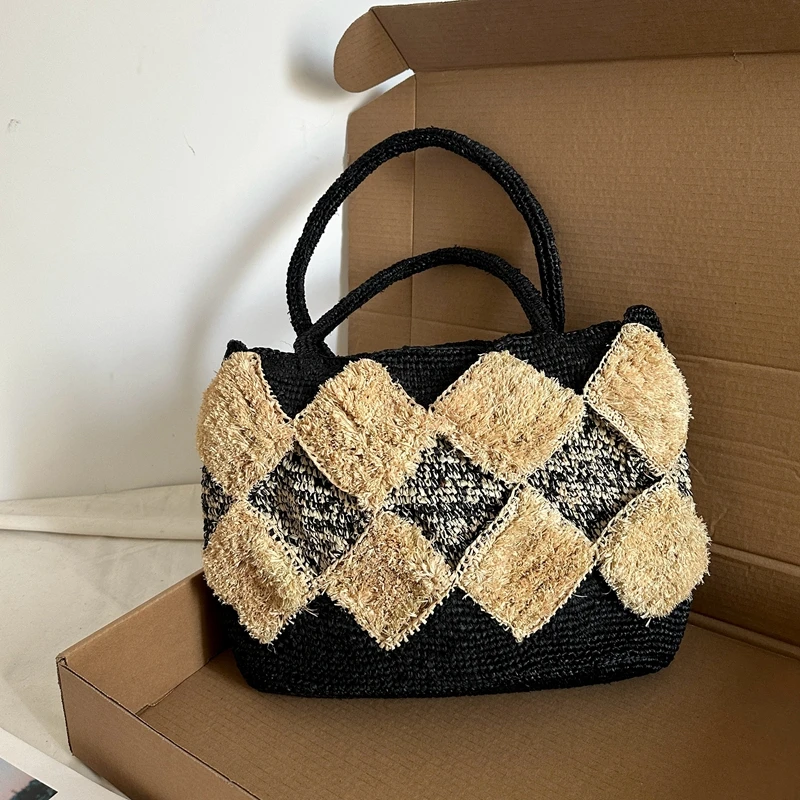 简约沙滩包托特包休闲度假草编包手提包拉菲草手工大气女士夏季包
