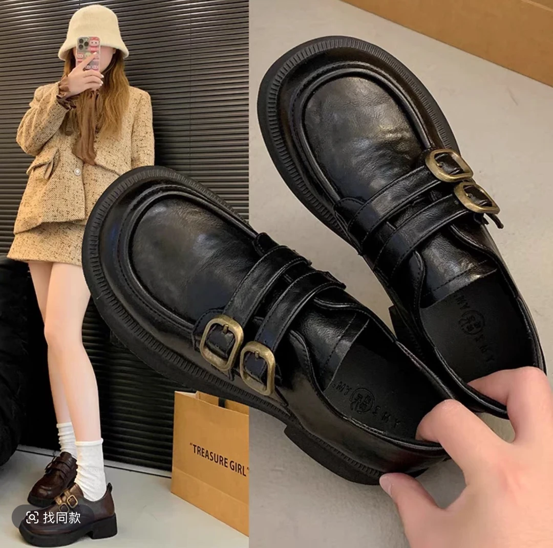 厚底英伦风小皮鞋女2024新款春秋一脚蹬女鞋黑色单鞋学院风乐福鞋