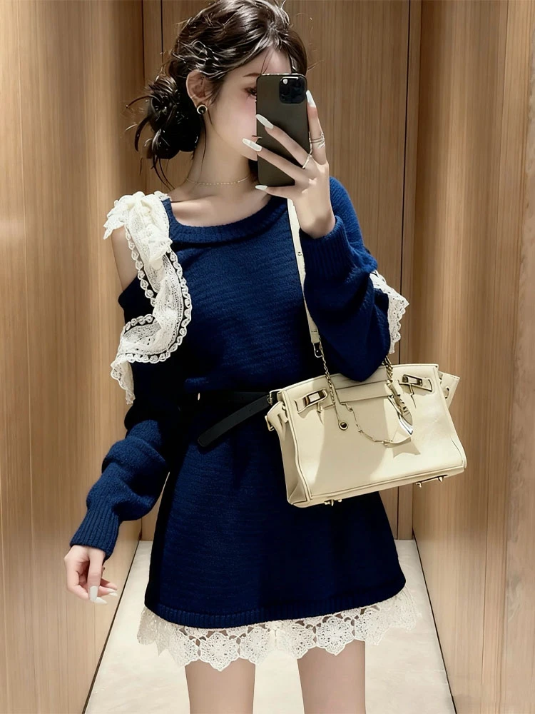 韩系氛围感蕾丝花边针织上衣女2025秋冬新款甜美风软糯厚款毛衣