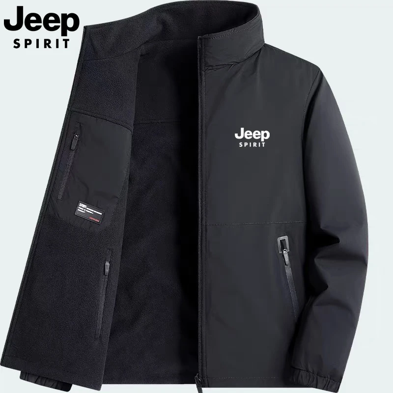 JEEP吉普双面穿外套男士秋冬加绒保暖立领夹克户外运动休闲上衣潮