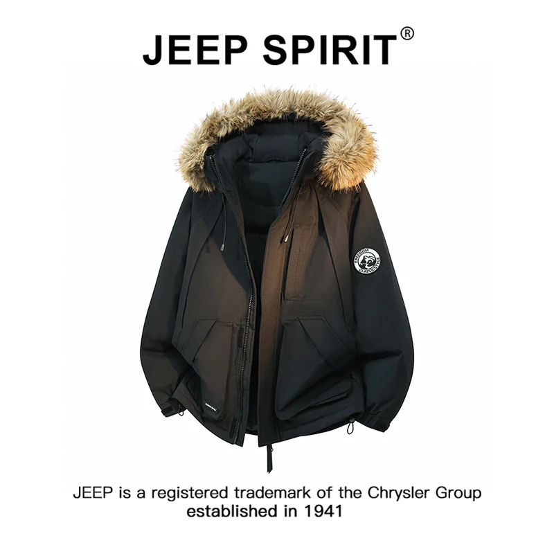 JEEPSPIRIT吉普工装风户外可拆卸毛领连帽棉服男冬季保暖厚派克服