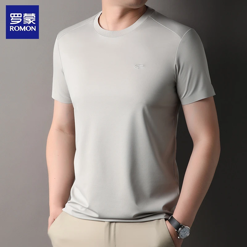 【抗菌+桑蚕丝】罗蒙圆领短袖t恤男士夏季时尚冰丝凉感纯色体恤9988
