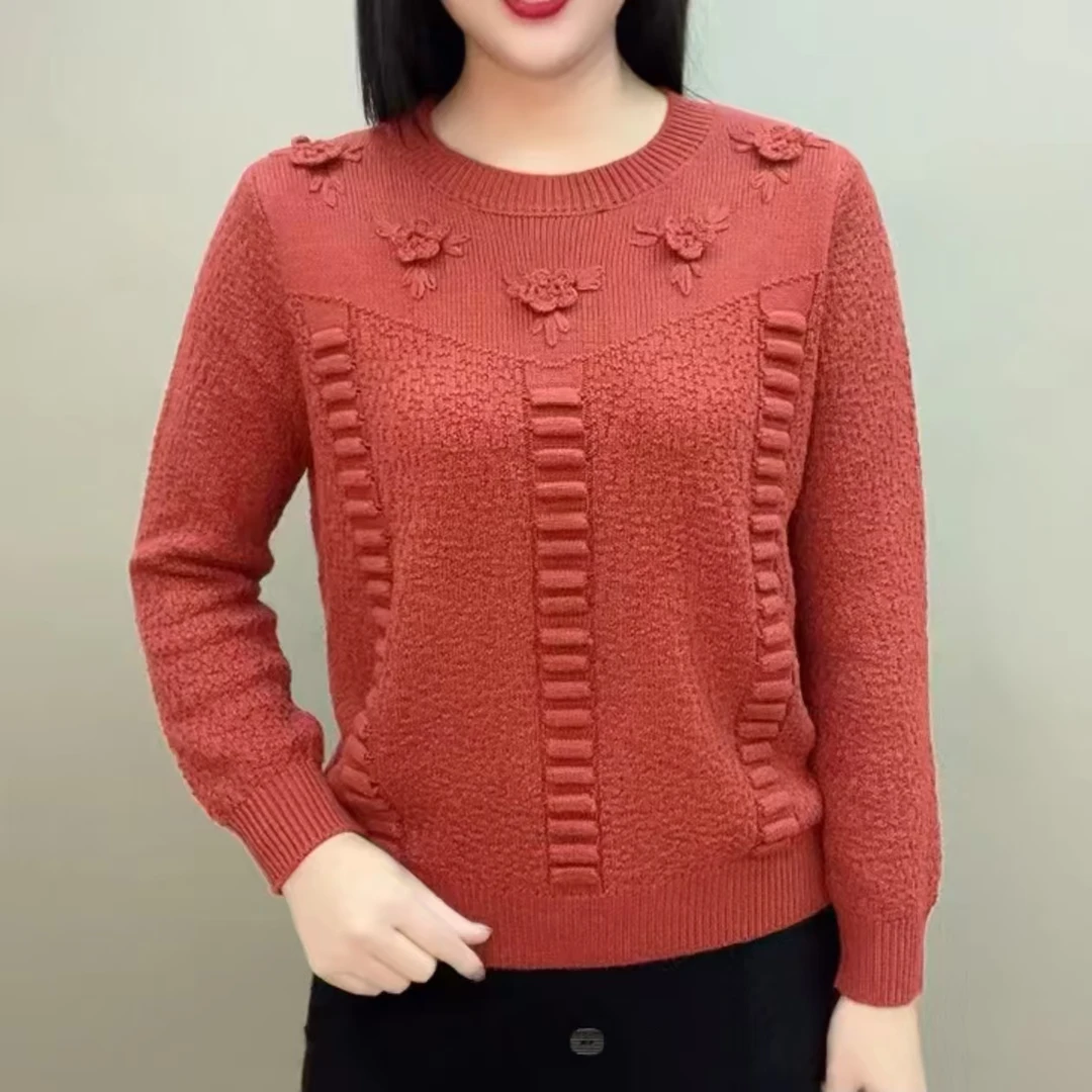 时尚洋气五朵小花提花针织衫女2025秋冬新款气质妈妈宽松显瘦毛衣