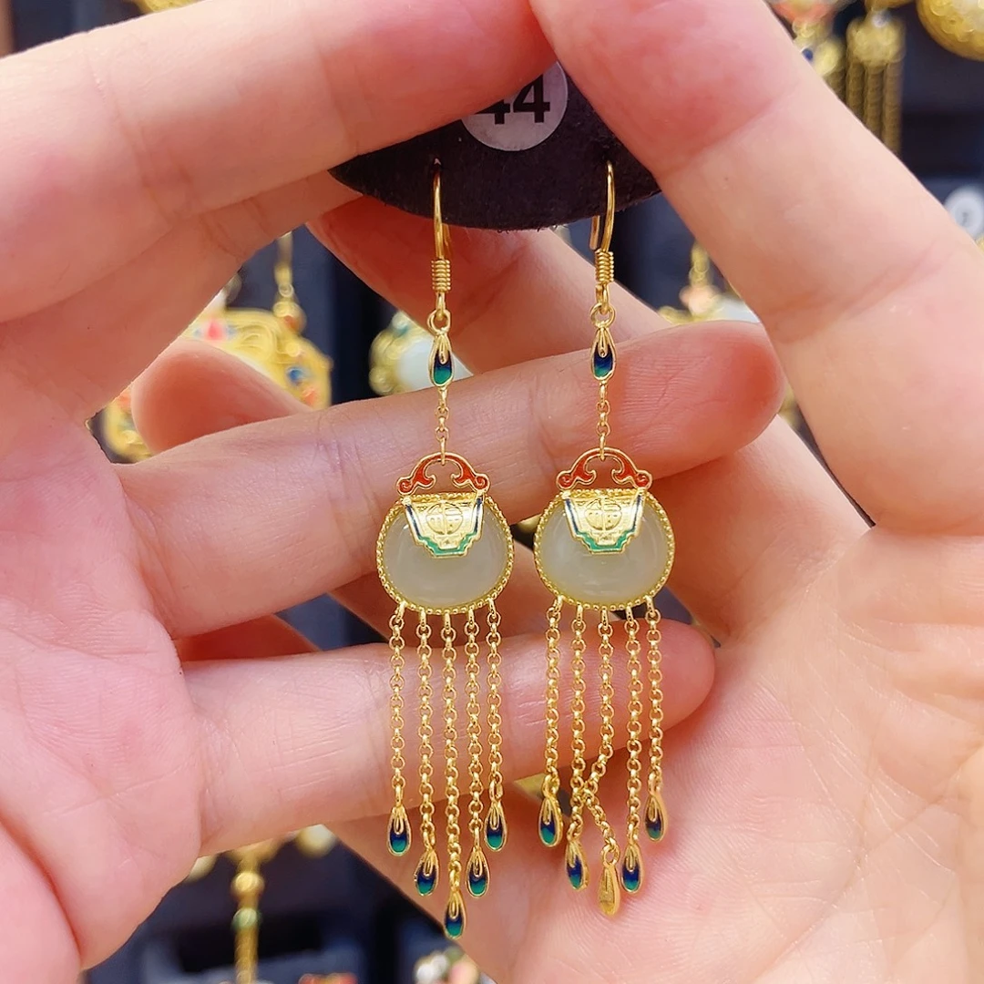 和田玉银S925镀金镶嵌耳饰