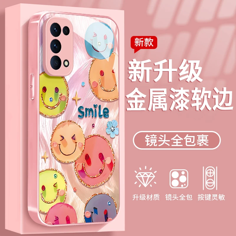镀边笑脸适用于OPPO Reno5Pro手机壳金属漆玻璃全包防摔潮流女款