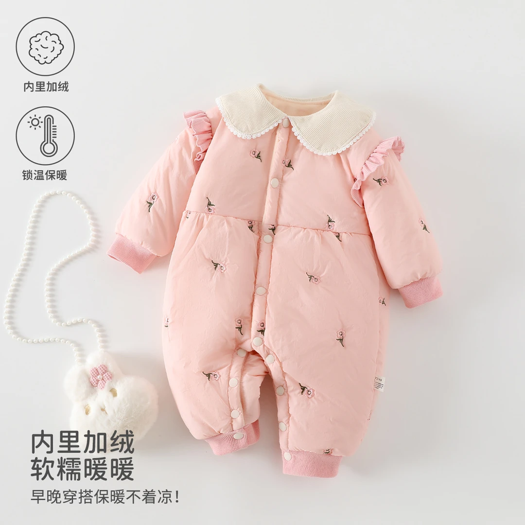 秋冬季女宝宝衣服可爱翻领婴儿连体衣加绒加厚夹棉棉服安阳婴童装