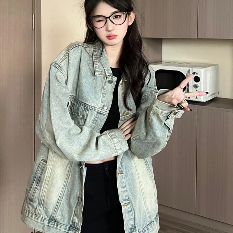 复古洗水做旧牛仔外套女春秋2025新款韩版港风设计感百搭小个子
