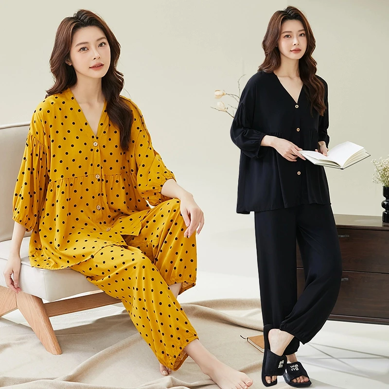 夏季七分袖长裤两件套2025年新款大码薄款睡衣套装春夏装家居服女