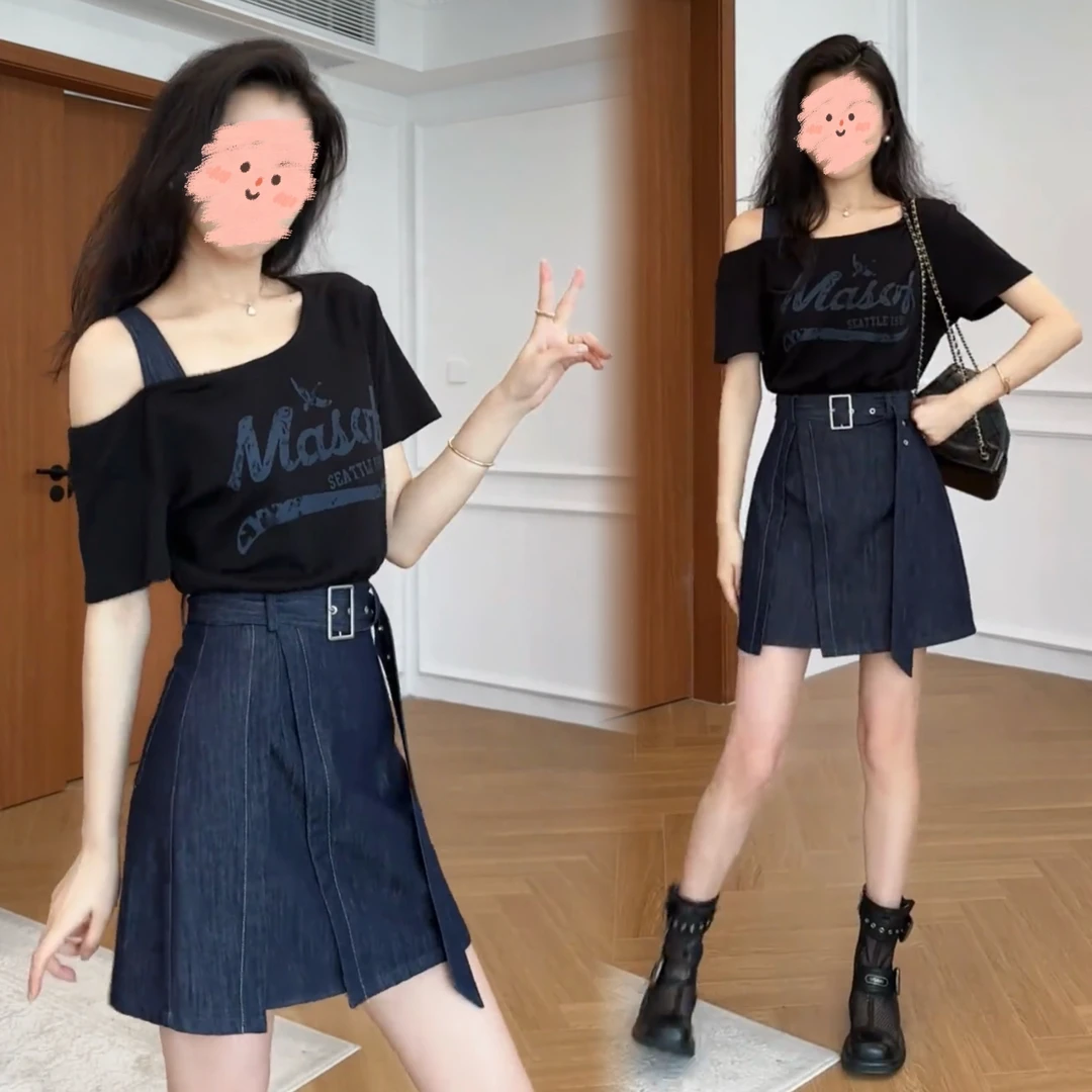 夏季新款2025假两件单肩斜肩印花拼接收腰连衣裙小清新百搭时尚潮