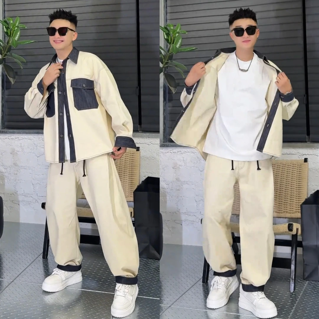 秋季男潮牌复古做旧撞色拼接夹克外套休闲阔腿长裤牛仔衬衫两件套