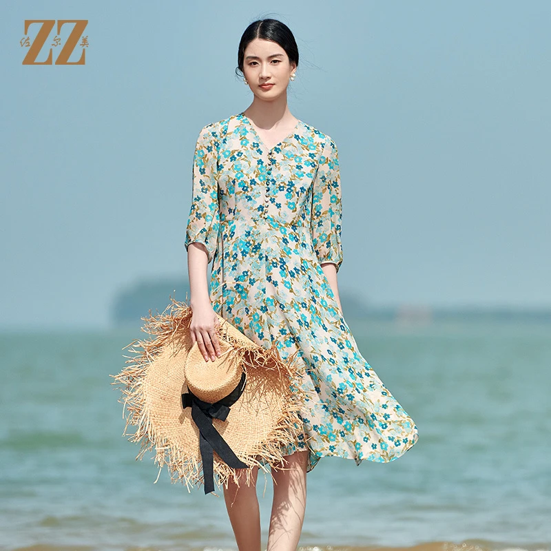 ZZ/佐尔美夏季桑蚕丝真丝乔其收腰显瘦气质碎花连衣裙女E22LS69