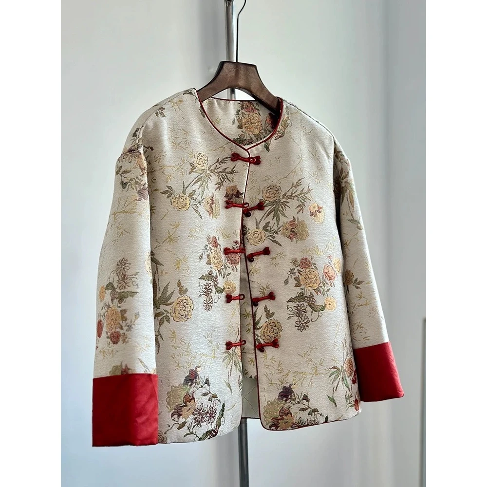 【秋意玫瑰】加棉加厚新中式国风盘扣圆领提花金线绣花外套拼接