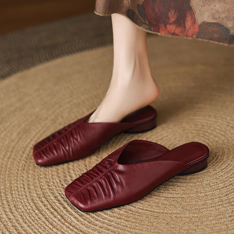 【指念】羊皮低跟浅口包头拖褶皱方头夏季平底休闲凉鞋透气真皮女鞋