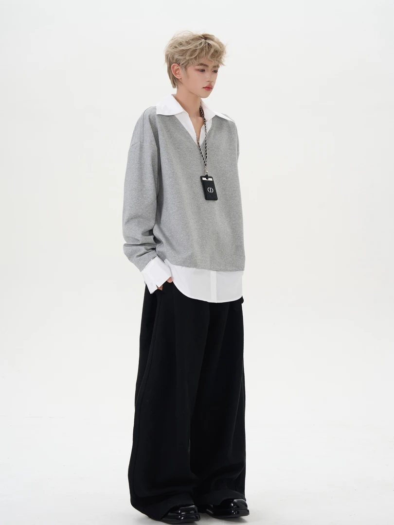 CleanlyGirl 小众设计感V领假两件拼接长袖衬衫宽松韩版套头衬衣