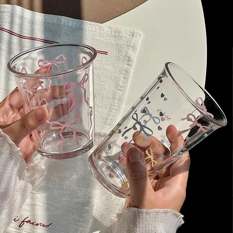 ins少女粉色蝴蝶结翻口水杯玻璃杯咖啡杯高颜值早餐杯子牛奶杯yw