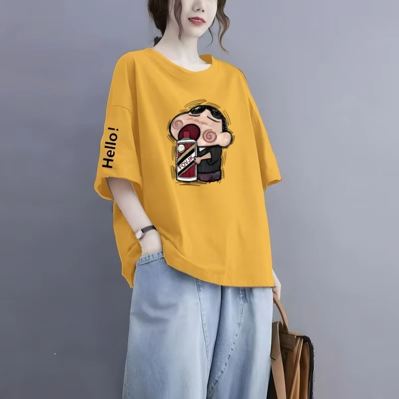 大码女装宽松显瘦韩版短袖t恤夏季时尚洋气减龄印花圆领休闲上衣