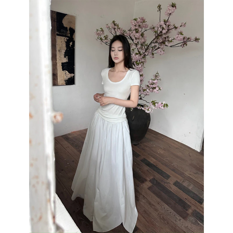 【圆圆脸】胖mm设计感欧若风纯色褶皱长裙子宽松显瘦遮肉拖地裙子