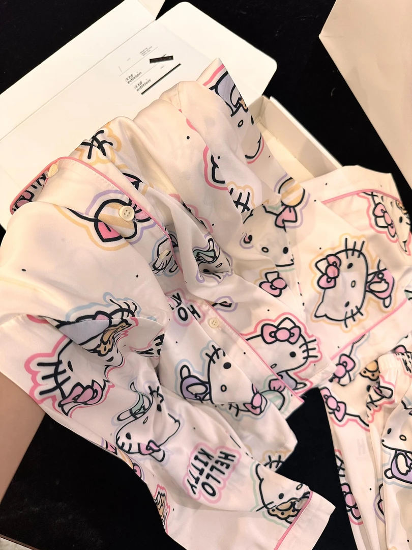 甜美可爱kitty脑袋冰丝睡衣女春秋新款长袖套装大码宽松家居服